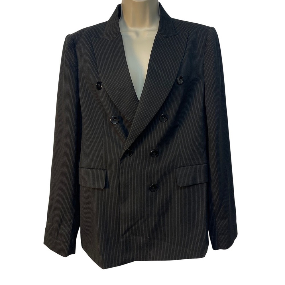 White House Black Market Pinstripe Double Breasted Blazer Black White 12‎ NEW